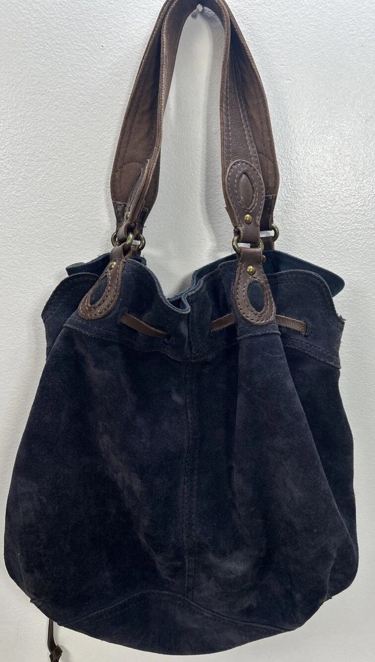 Lucky Brand Navy Blue Suede Hobo Tote Bag Drawstring Leather Double Handles Boho